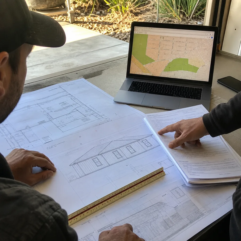 Two professionals reviewing ADU house plans and permit documents together