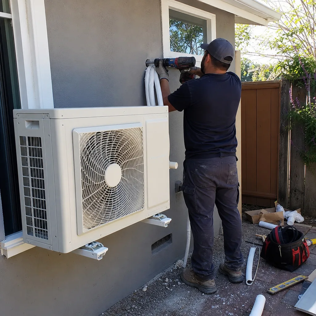 Technician installing an HVAC unit on an ADU garage conversion exterior
