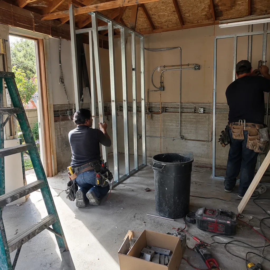 Contractors installing metal framing during a professional garage conversion ADU project.
