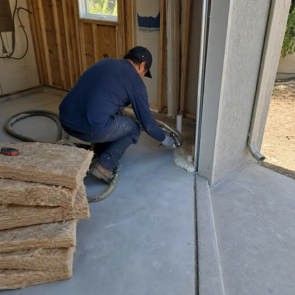 Professional contractor applying foam insulation during a garage conversion ADU project