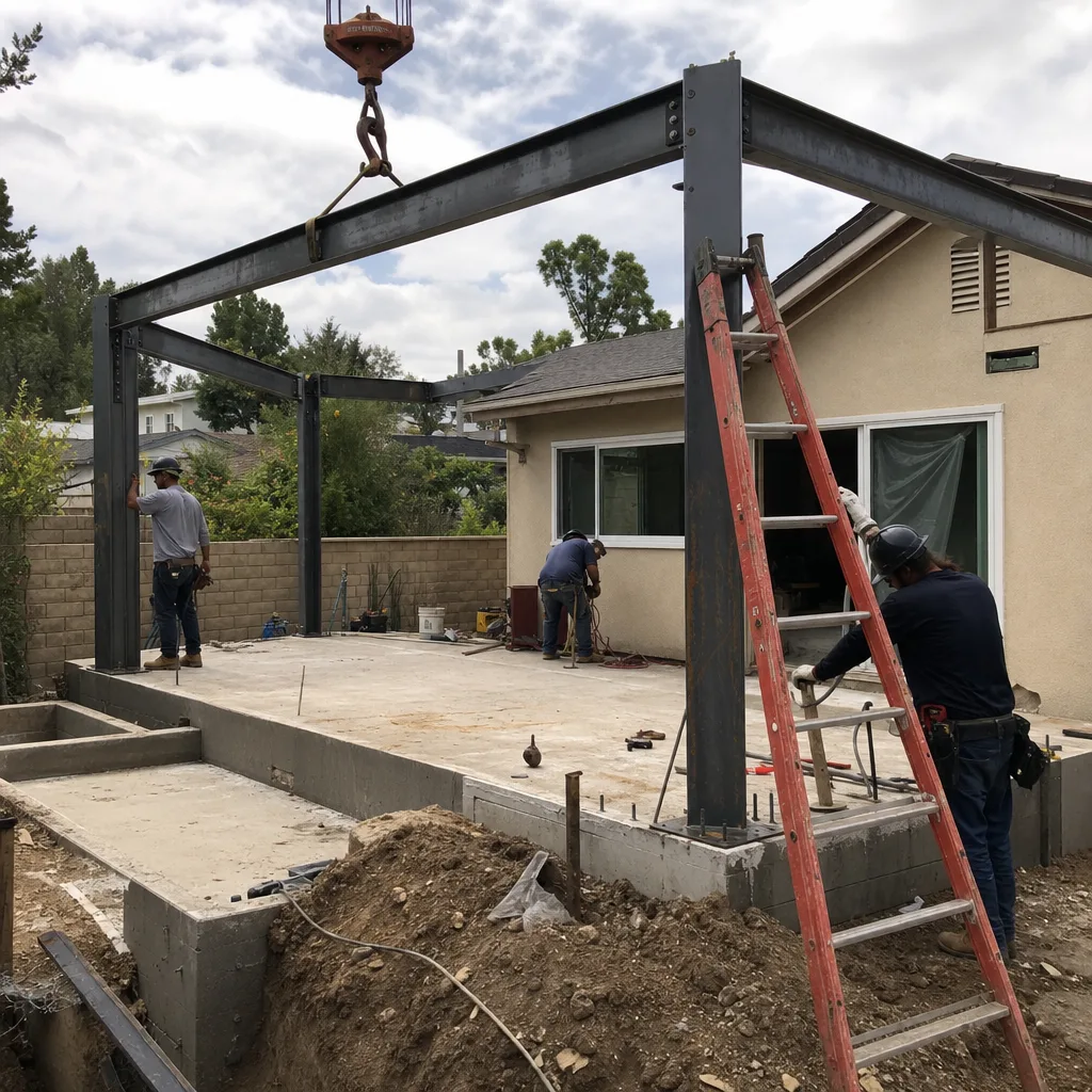 Construction crew installing a steel frame for a new detached ADU