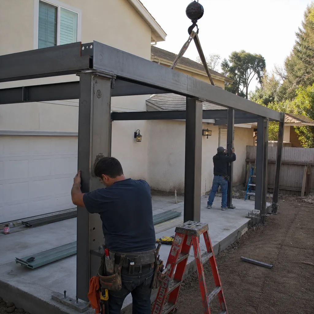 construction workers assembling a steel frame for a new detached ADU