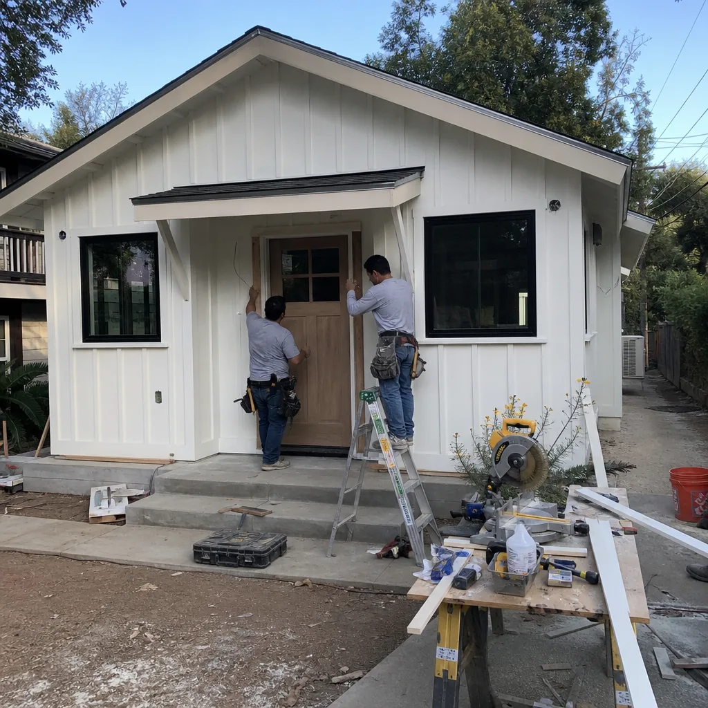Contractors installing trim on a modern detached ADU